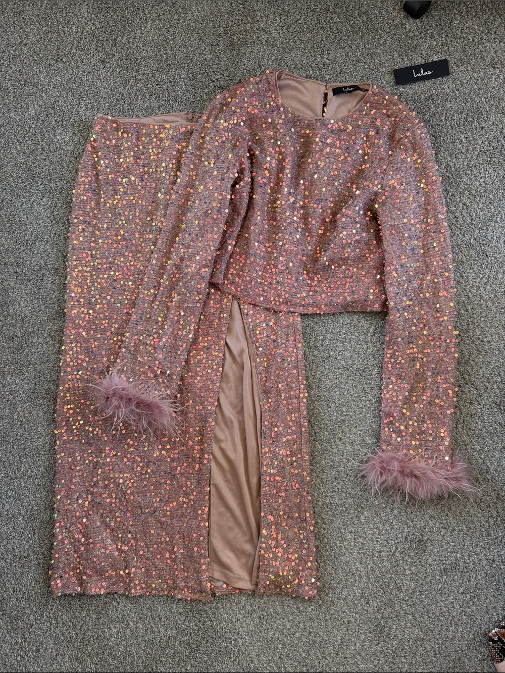 Lulus Sequin/ feather Maxi Skirt Set